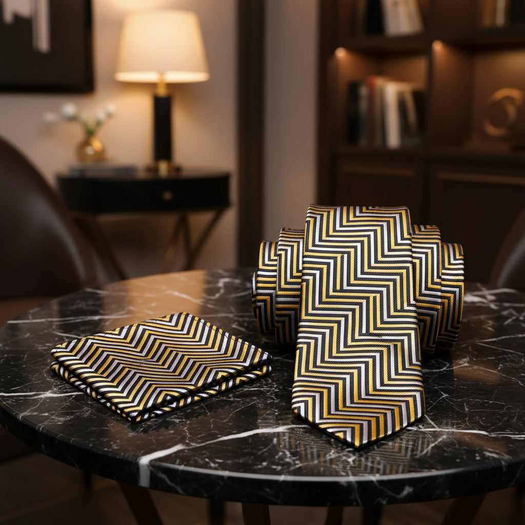 Alt View: A Yellow, Black, White Geometric Pattern tie With Matching Pocket Square