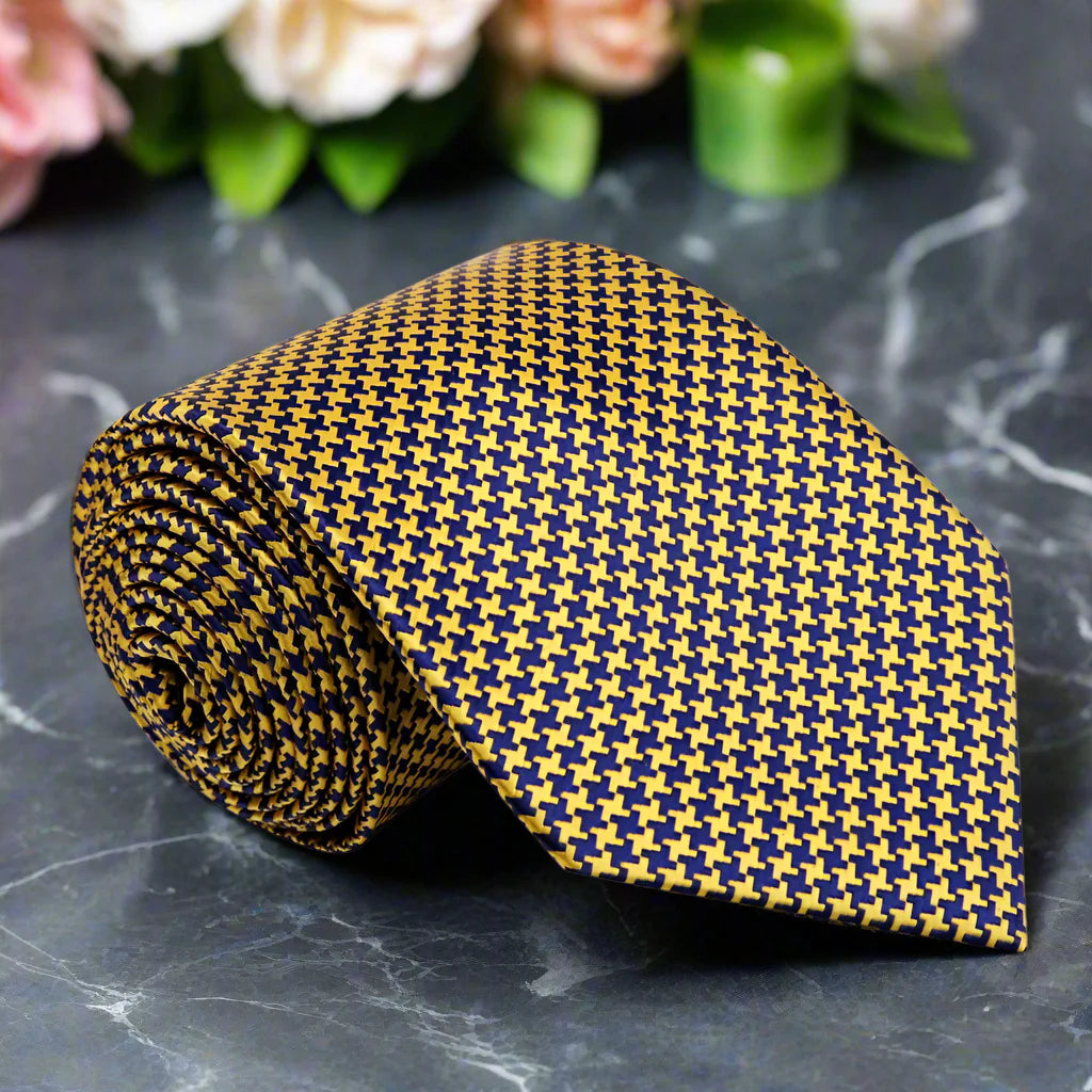 Gold, Blue Hounds Tooth Tie||Gold/Blue
