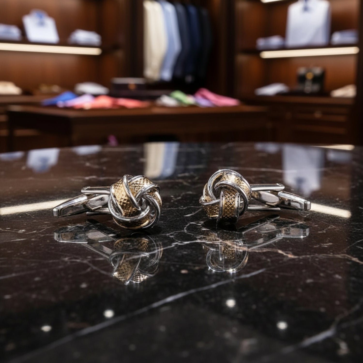 A Golden Silver Textured Knot Cuff-links||Textured Golden Center