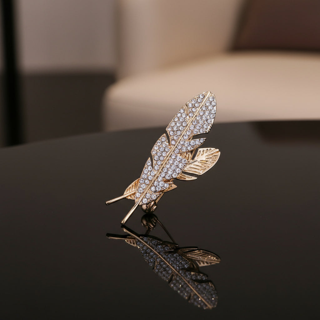 Gold Color with Jewel Feather Lapel Pin 