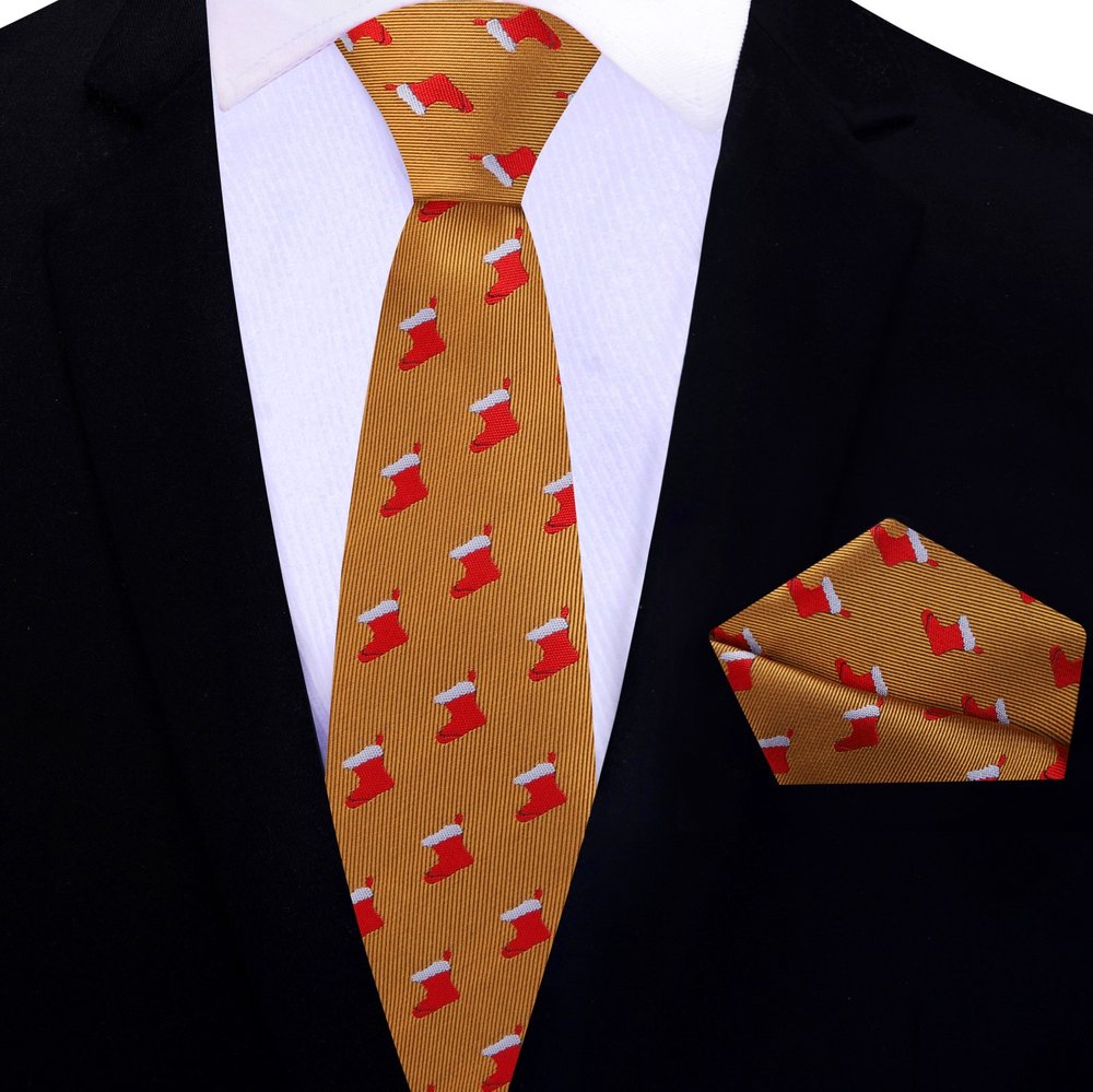 Thin Tie View: Gold, Red Stockings Tie and Square||Old Gold