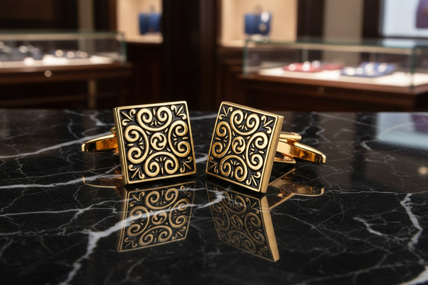 A Gold, Black Color Square Shape with Samurai Design Cuff-links.
