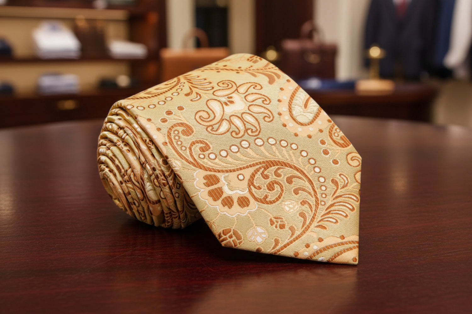 A Gold, Brown Paisley Pattern Necktie 