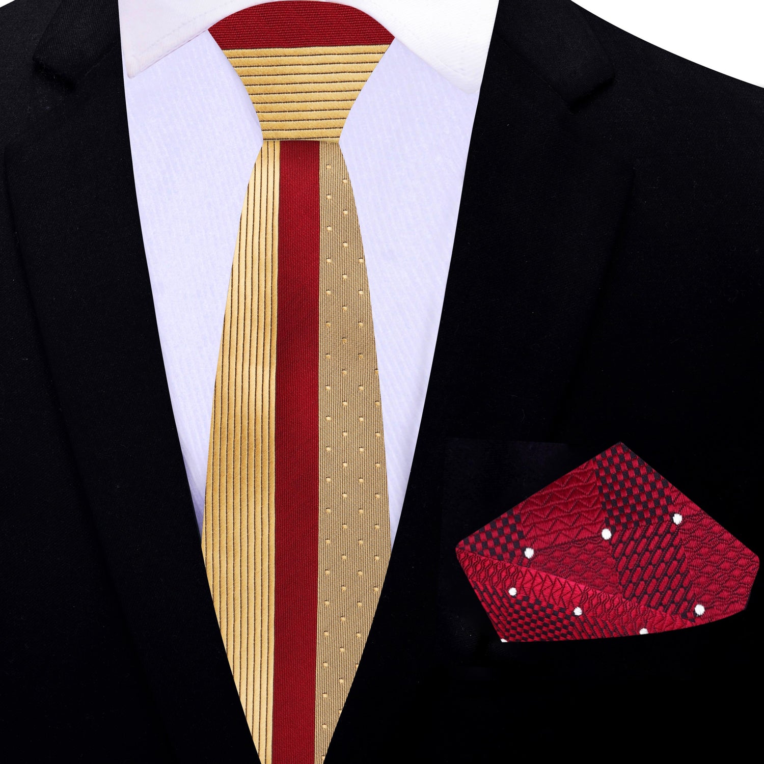 Thin Tie: Gold, Burgundy Lined Tie with Burgundy Geometric Square