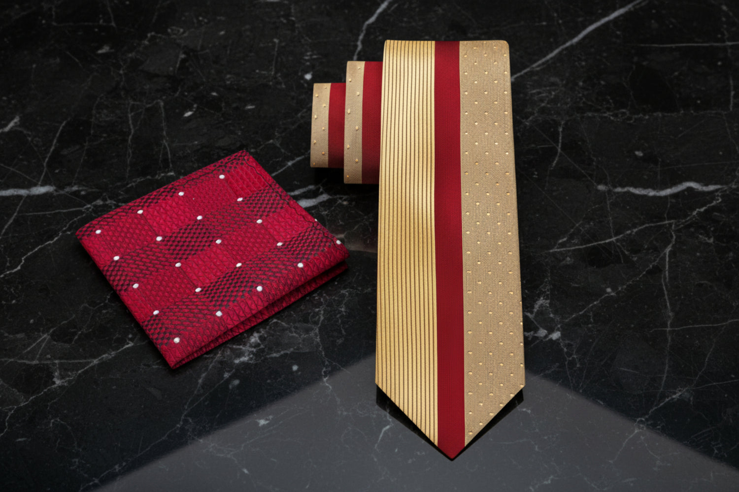 Alt View: Gold, Burgundy Lined Tie with Burgundy Geometric Square