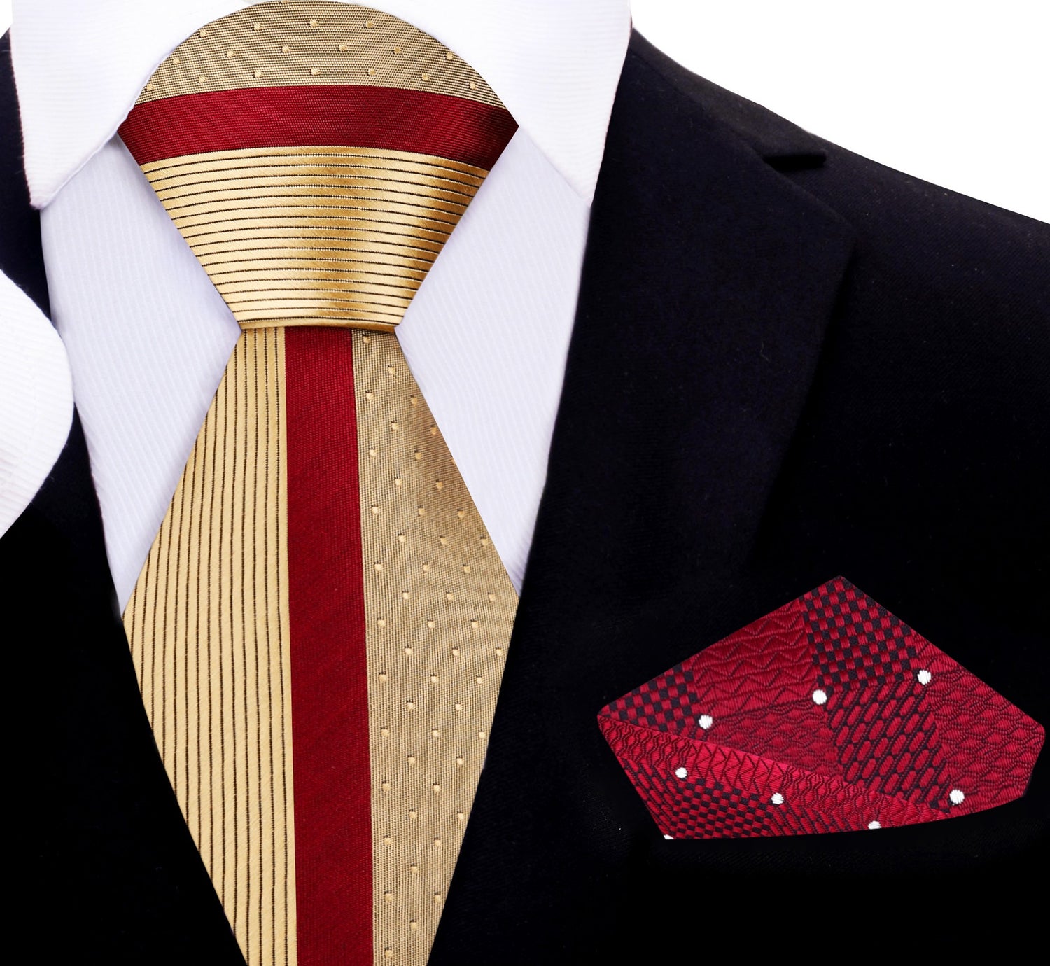 Gold, Burgundy Lined Tie with Burgundy Geometric Square