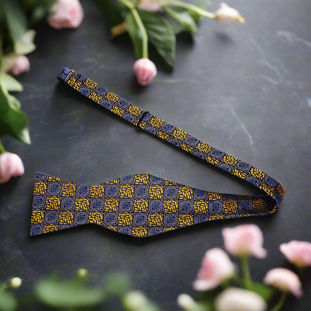 Grey, Gold Paisley Geometric Self Tie Bow Tie