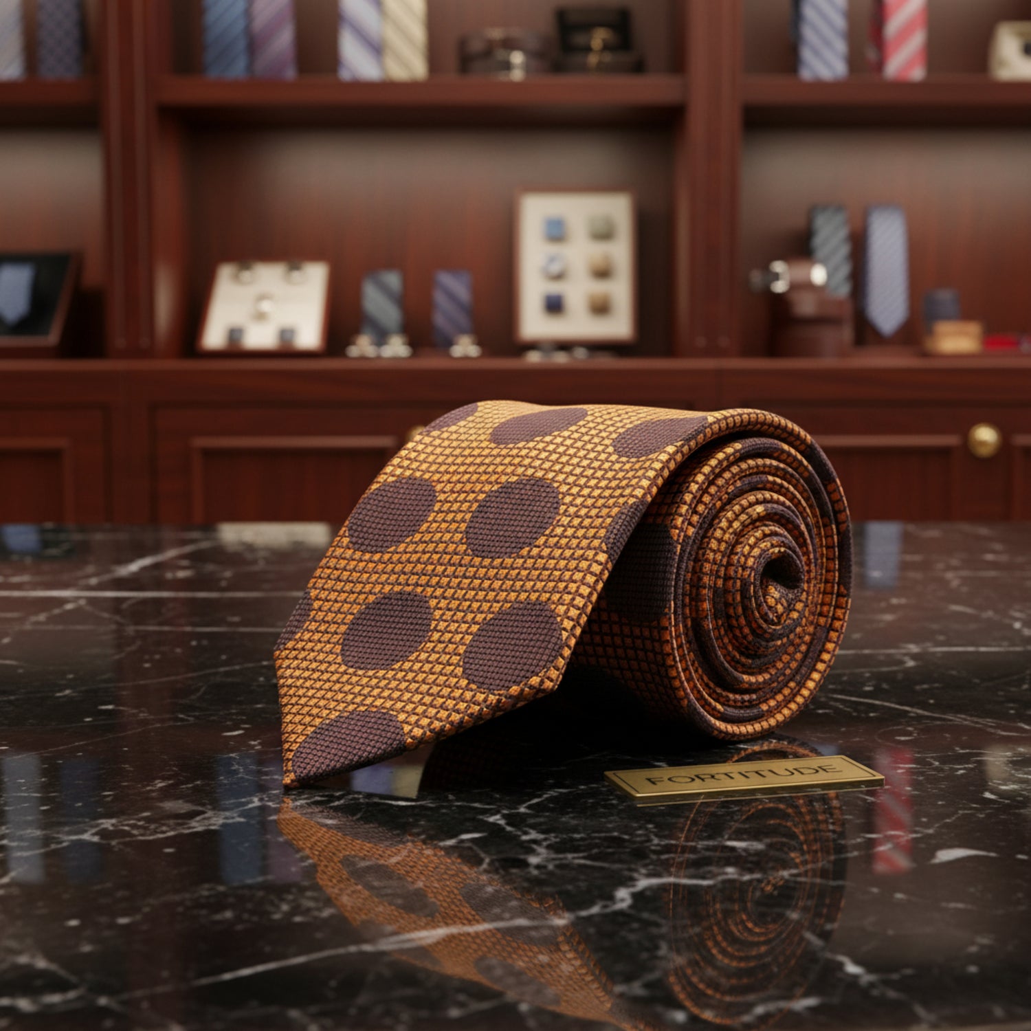 Golden Orange, Brown Polka Tie  