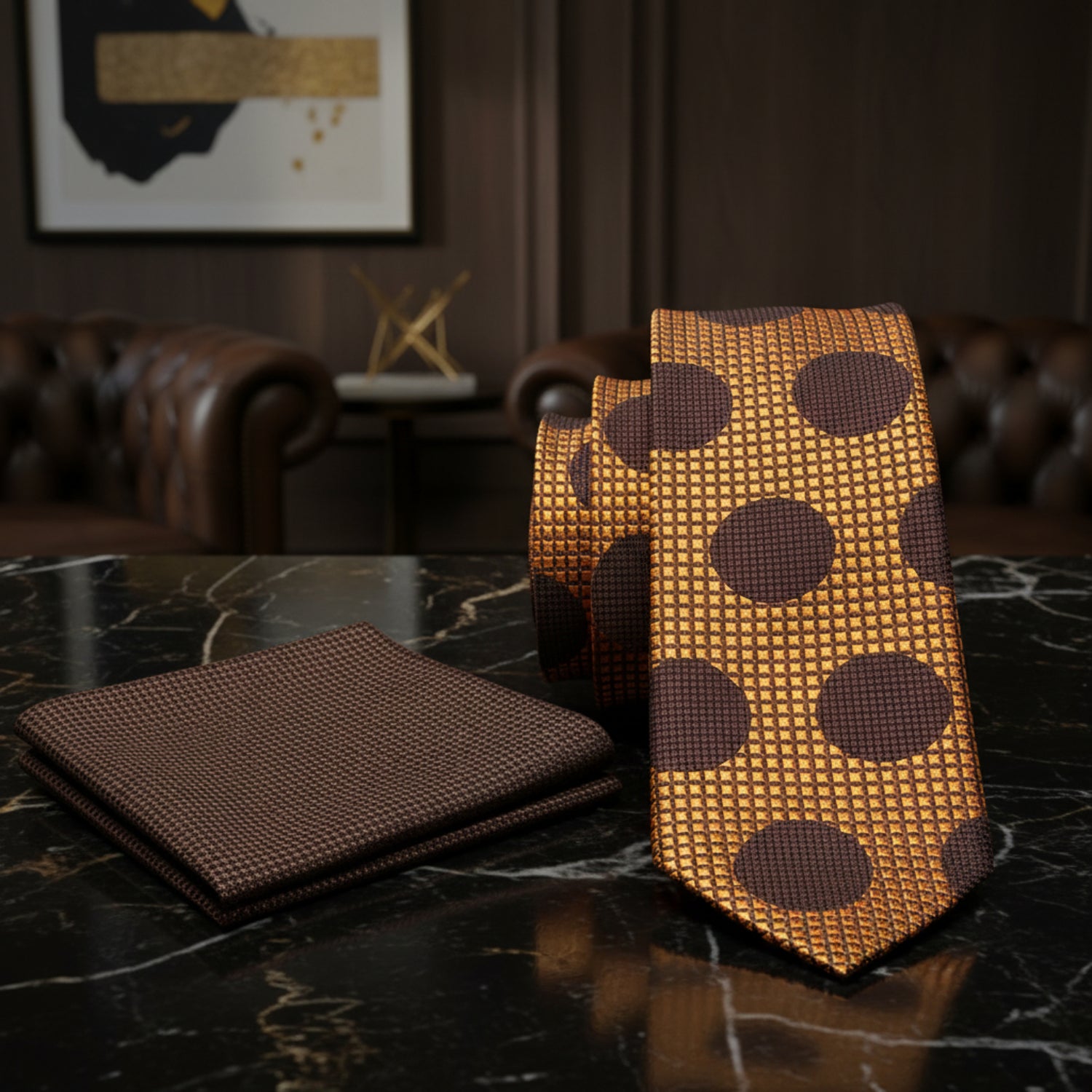 Alt view: Golden Orange, Brown Polka Tie and Brown Square
