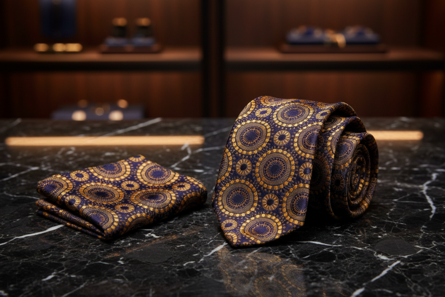 View 2: Gold and Brown Circles Tie and Square