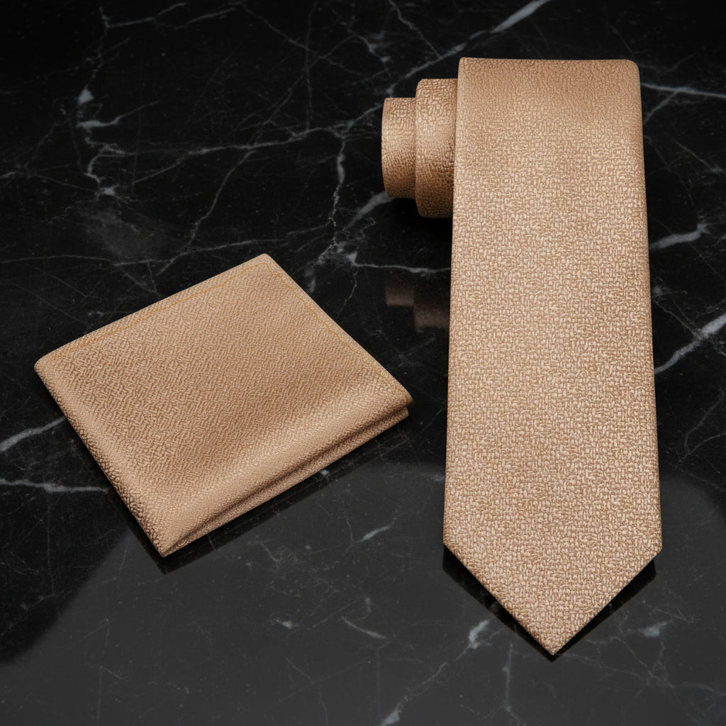 Alt View: A Solid Golden Shimmer Pattern Necktie, Matching Pocket Square