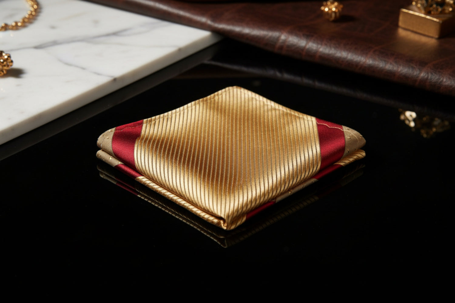 A Gold, Burgundy Color Stripe with Subtle Check and Stripe Texture Pattern Pocket Square