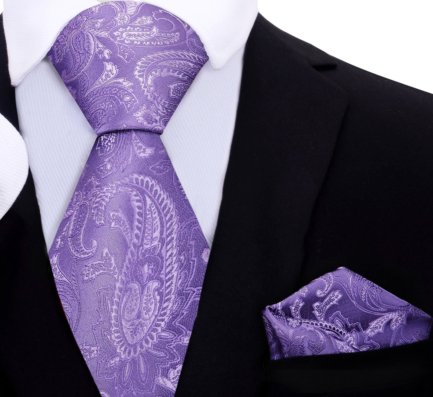 A Purple Paisley Pattern Silk Necktie, Matching Pocket Square