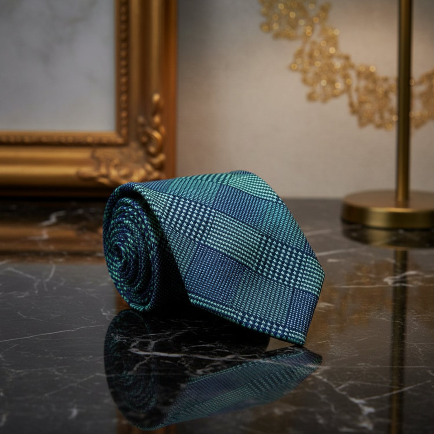 A Dark Blue With Green Geometric Pattern Silk Necktie