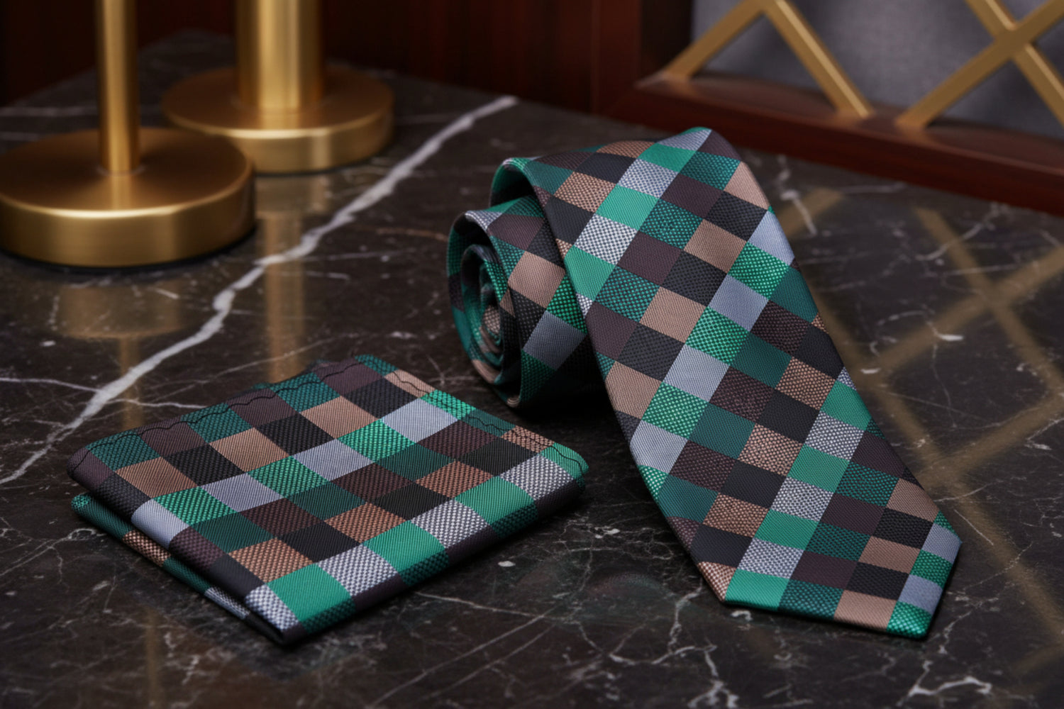 Alt View: Black, Green, Brown, Grey Check Tie and Pocket Square