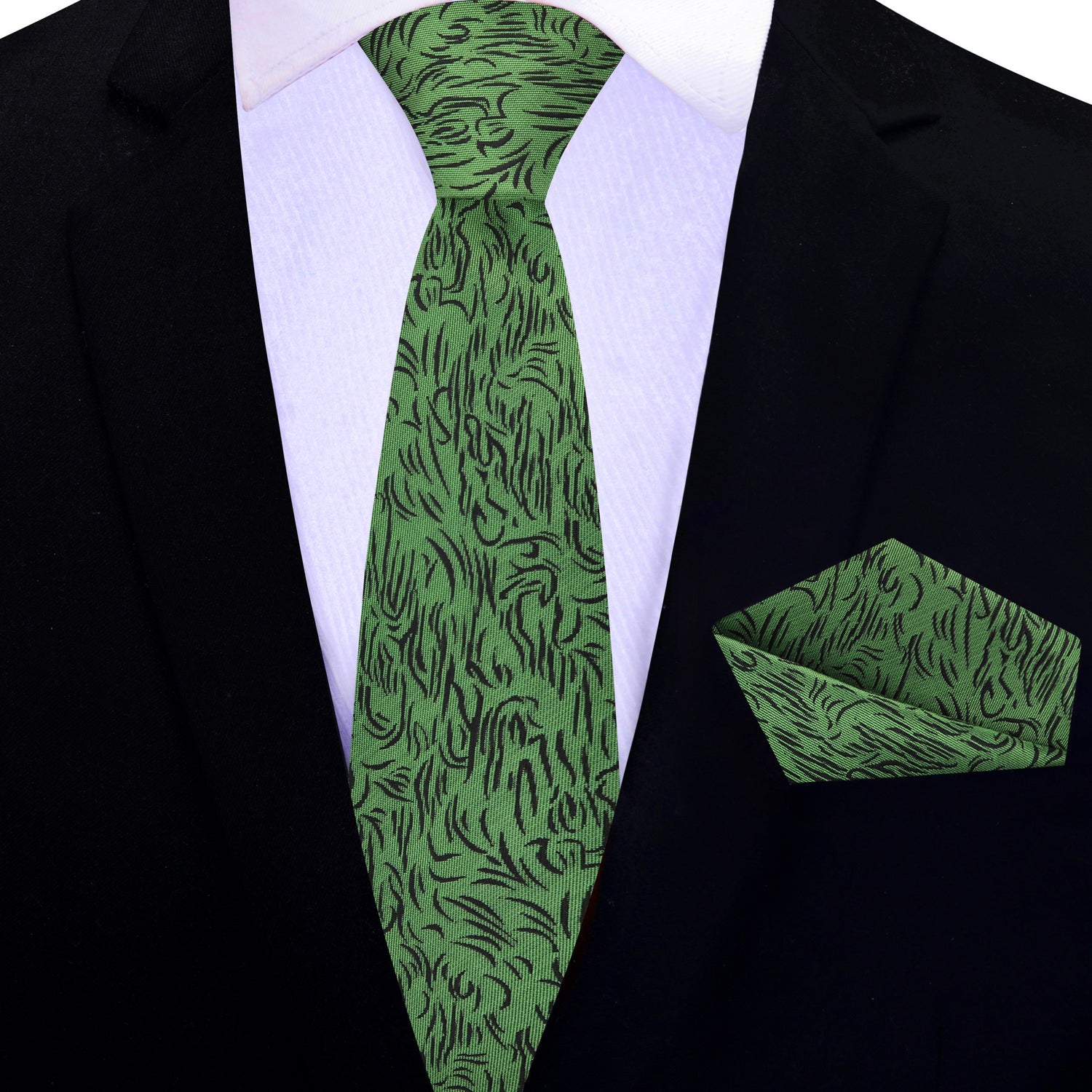 Thin Tie: Green and black abstract silk necktie and pocket square