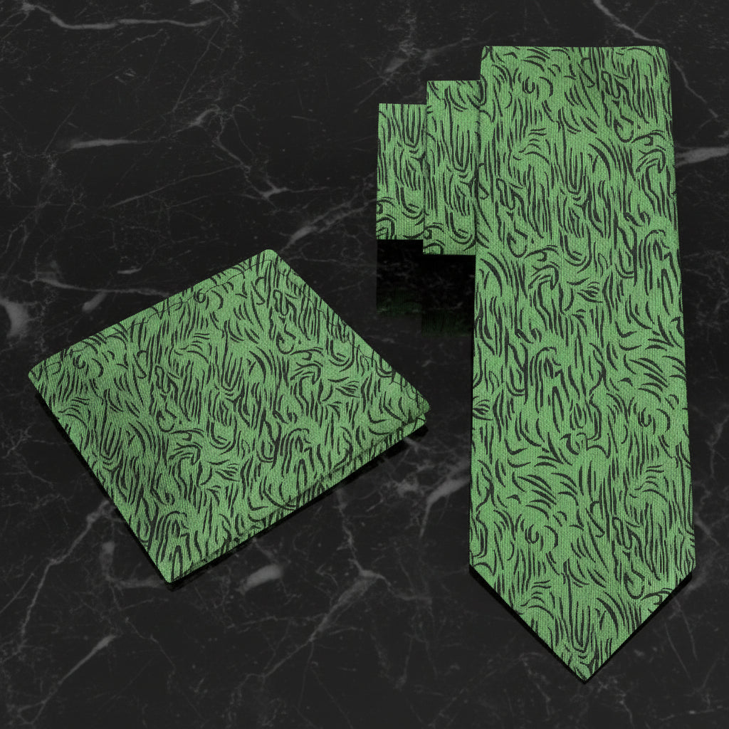 Alt View: Green and black abstract necktie and pocket square