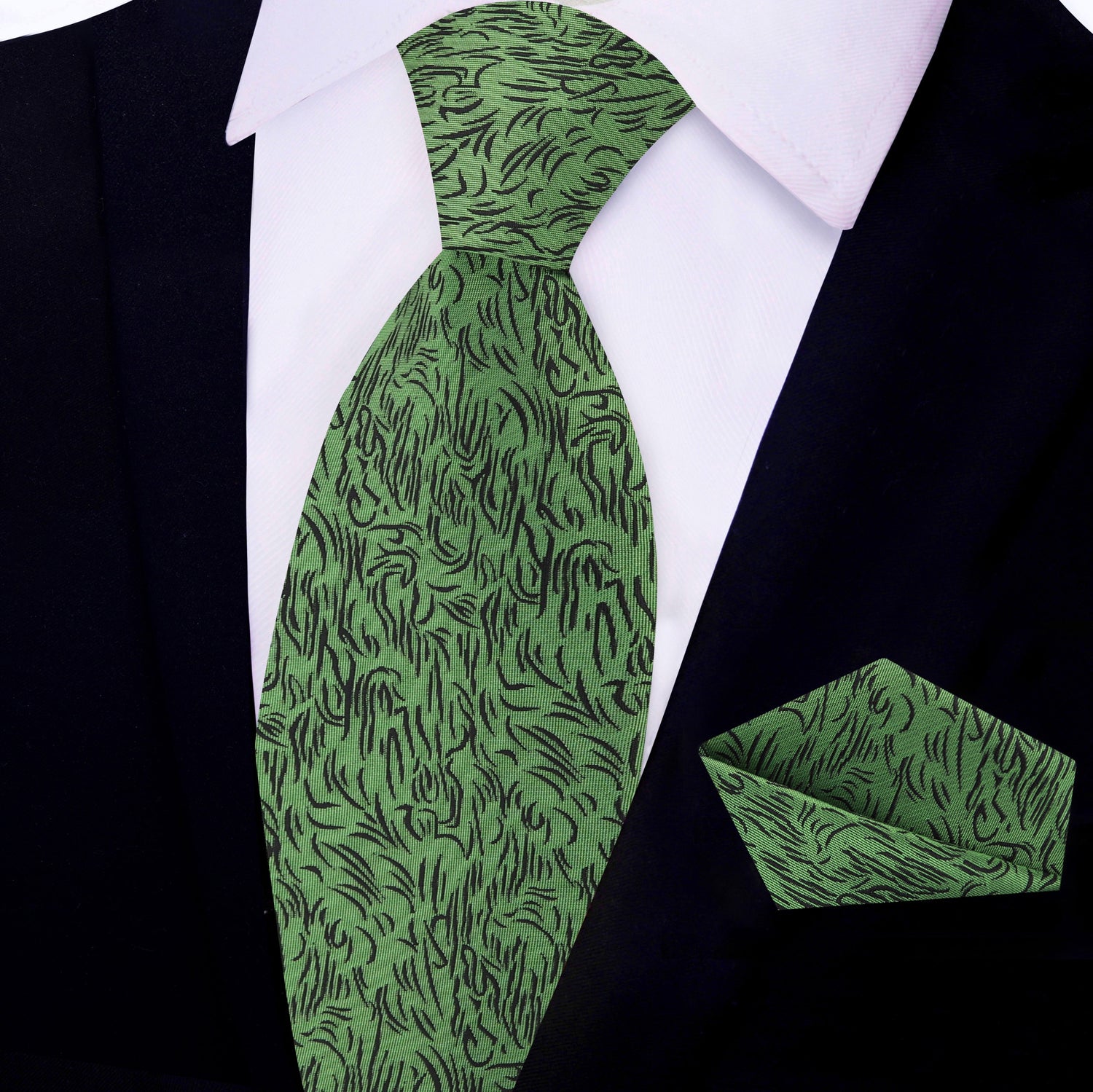 Green and black abstract necktie and pocket square