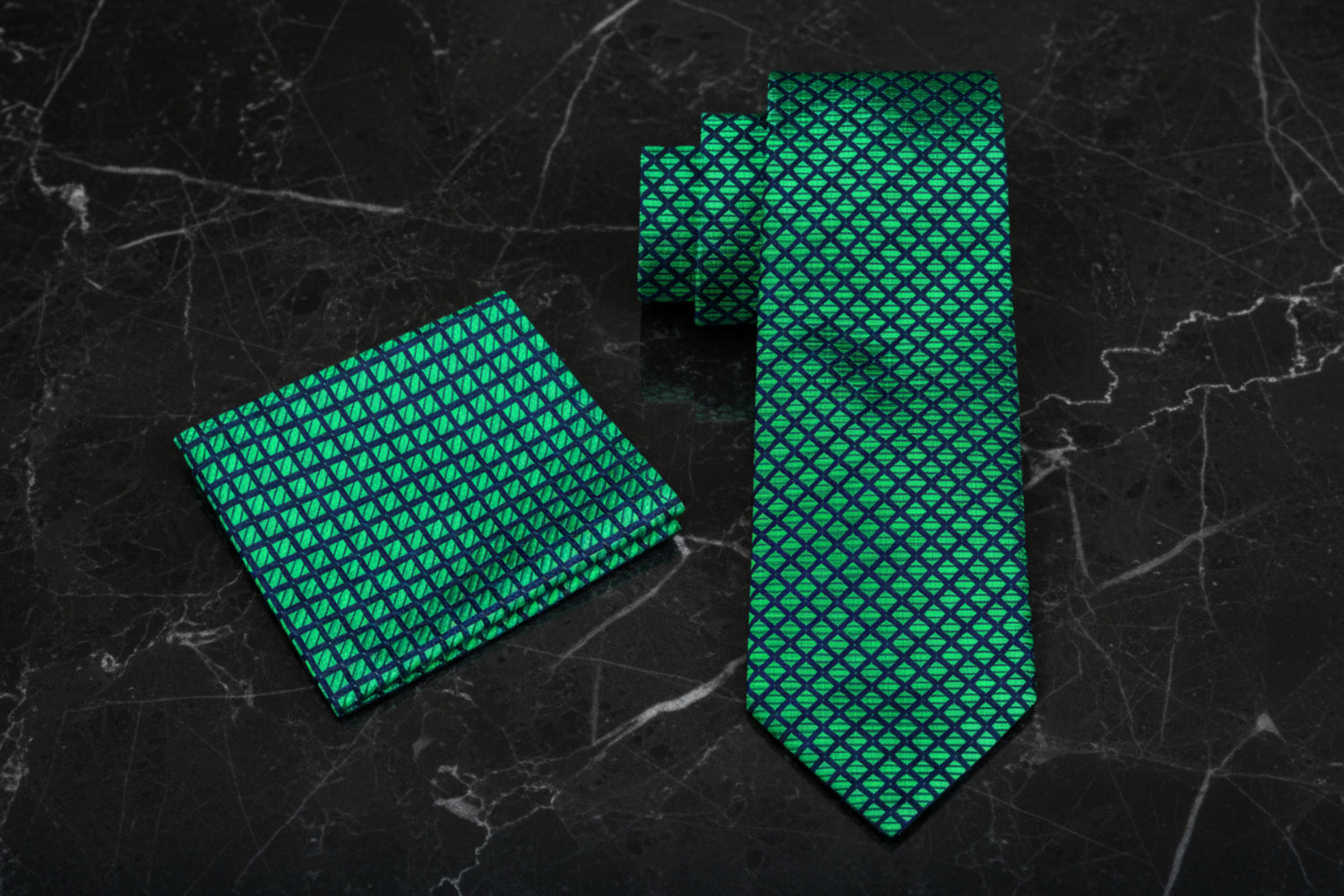 Alt View: A Green, Black Small Check Pattern Necktie, Matching Pocket Square
