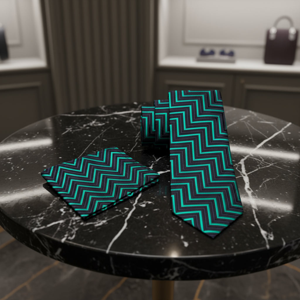 Alt View: A Green, Black Geometric Pattern Necktie With Matching Pocket Square
