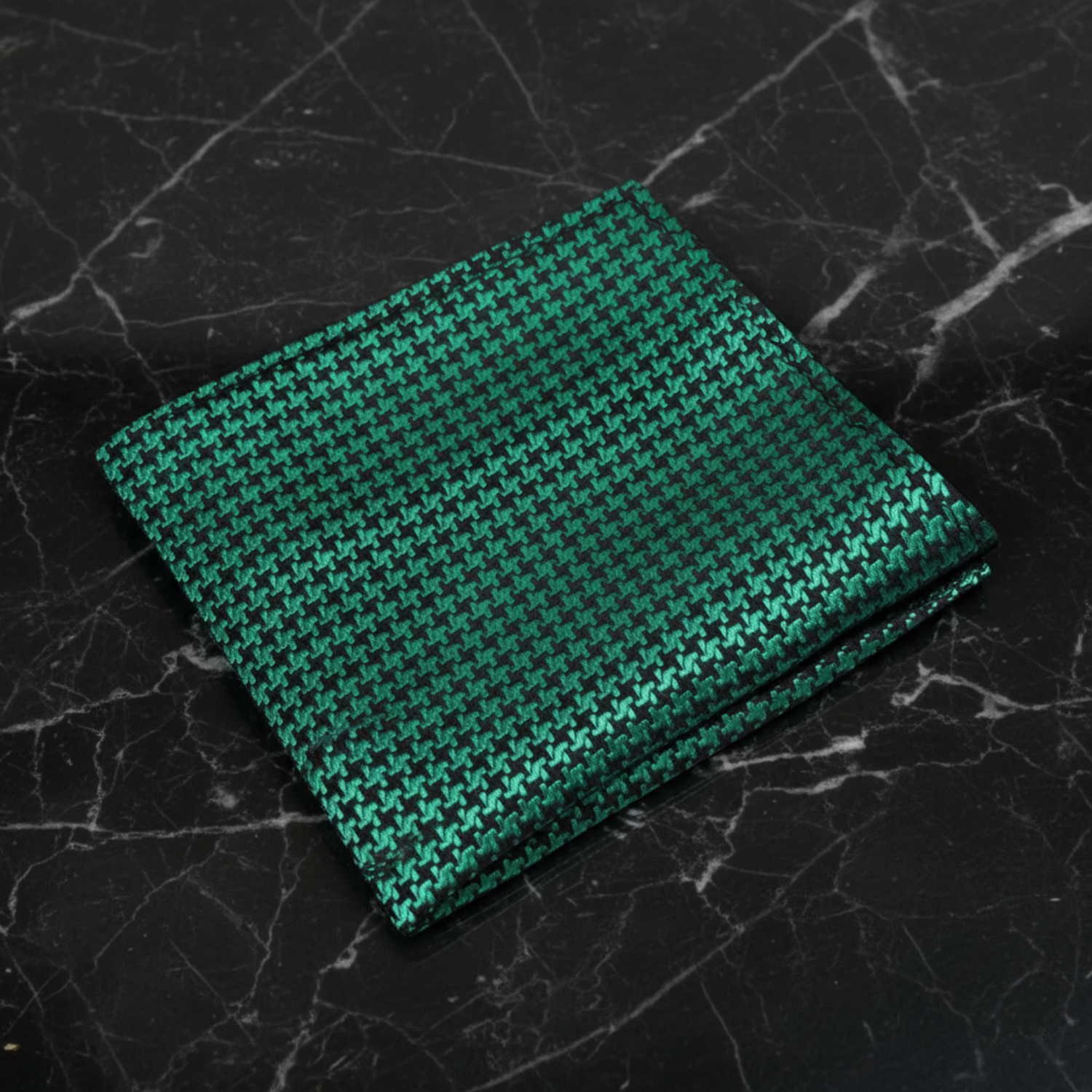 A Green, Black Geometric Hounds Tooth Pattern Pocket Square