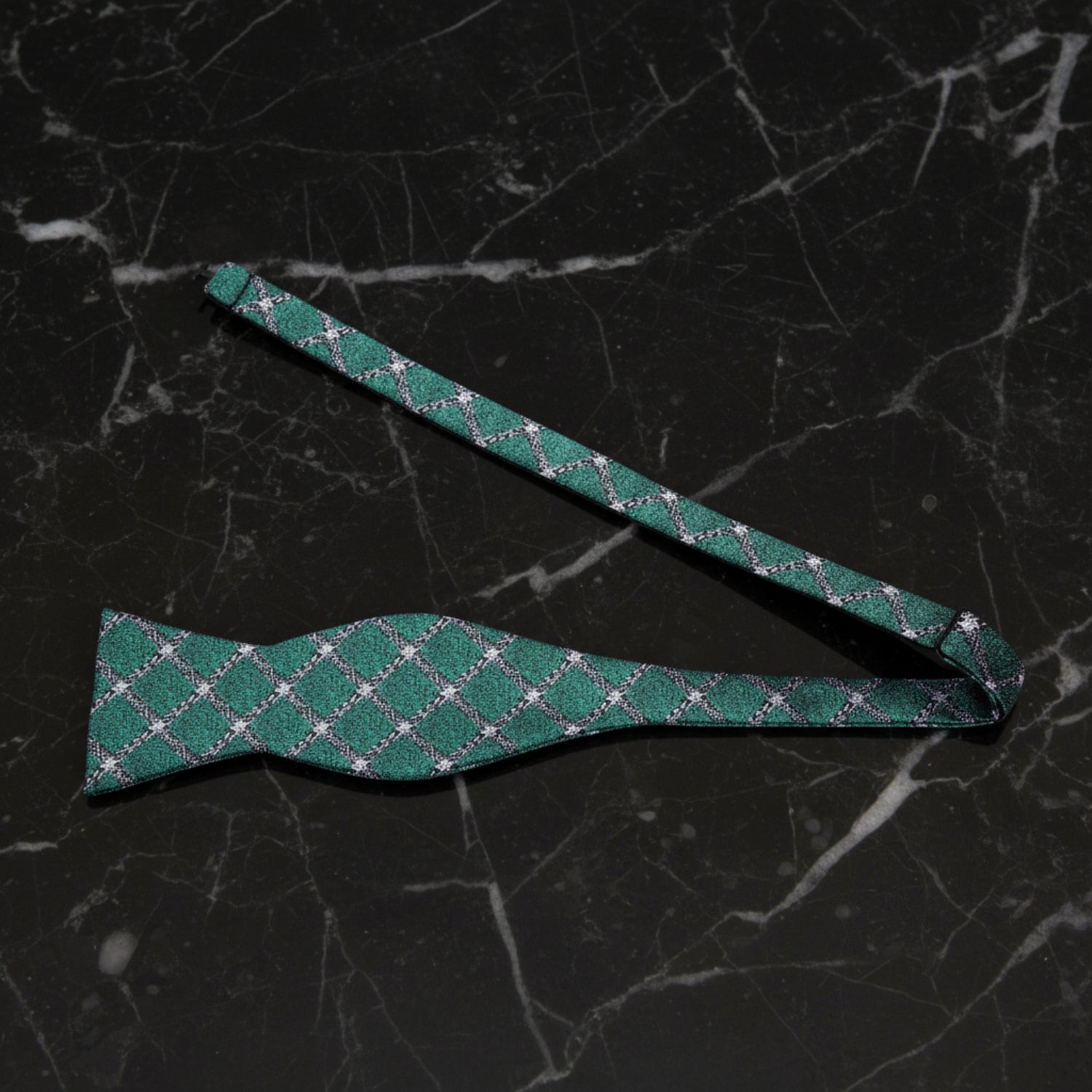 A Green, Black Geometric Abstract Diamond Pattern Self Tie Bow Tie Untied