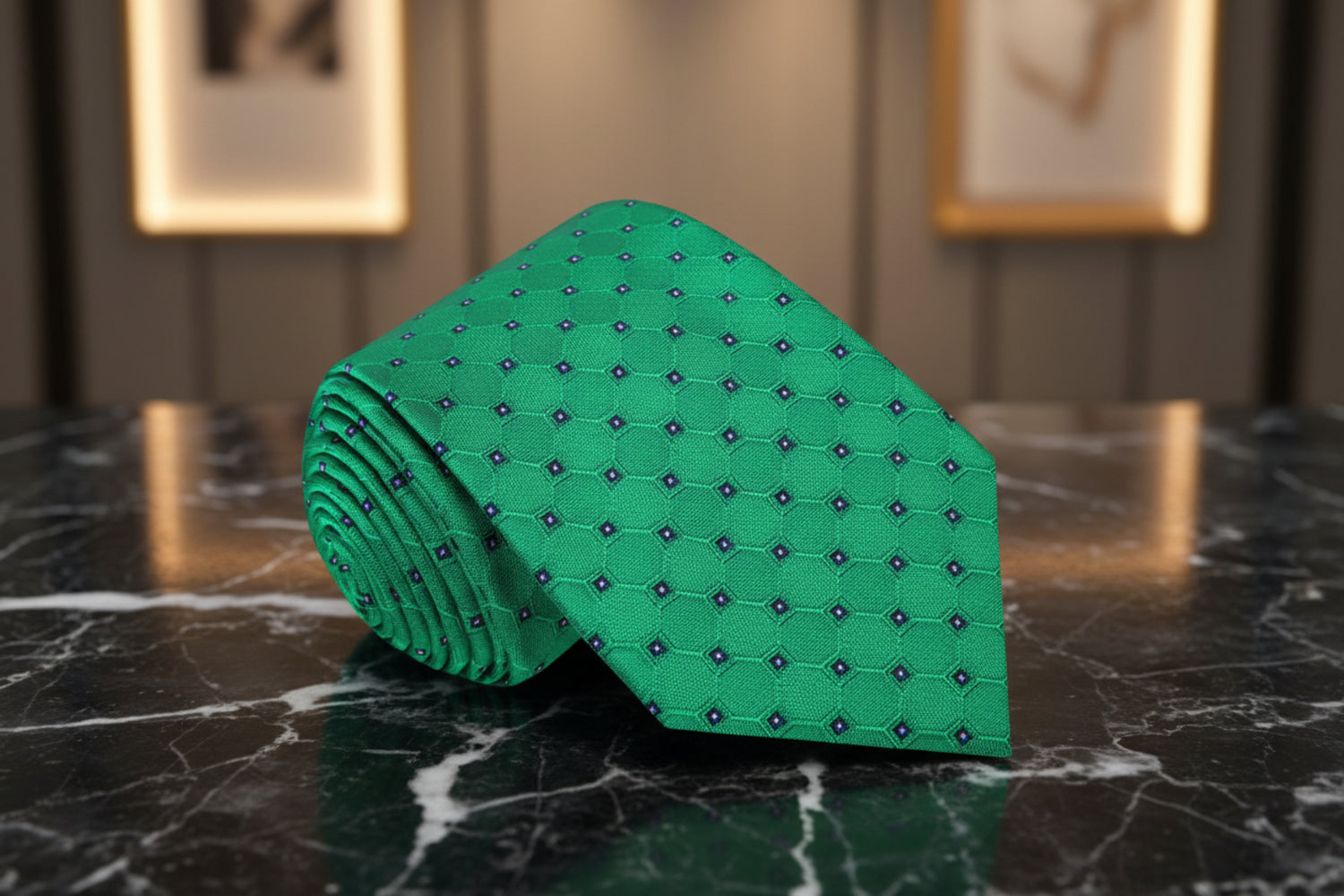 A Green, Black, White Geometric Texture With Small Black, White Checks Necktie 