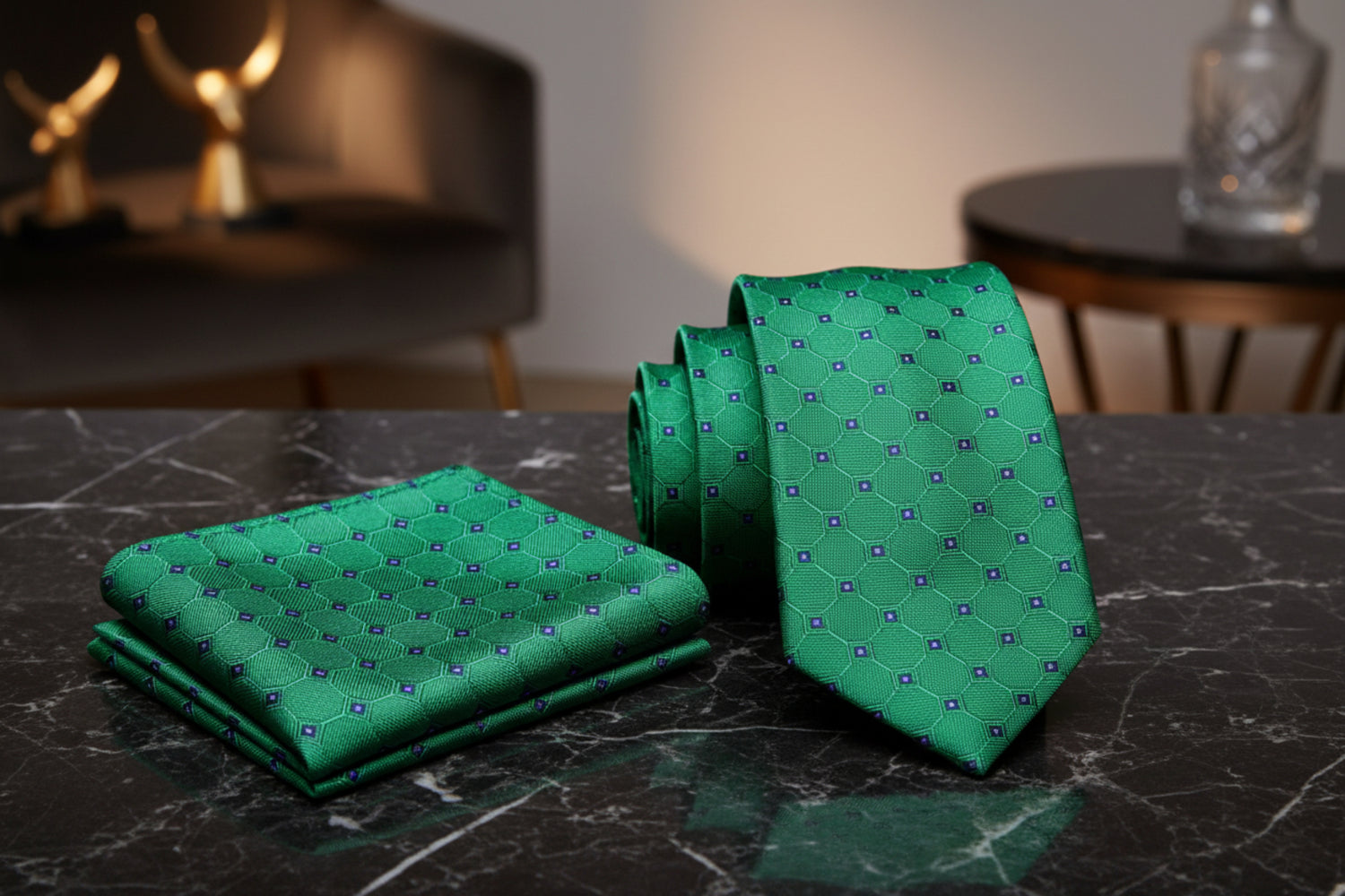 Alt View: A Green, Black, White Geometric Texture With Small Black, White Checks Necktie, Pocket Square