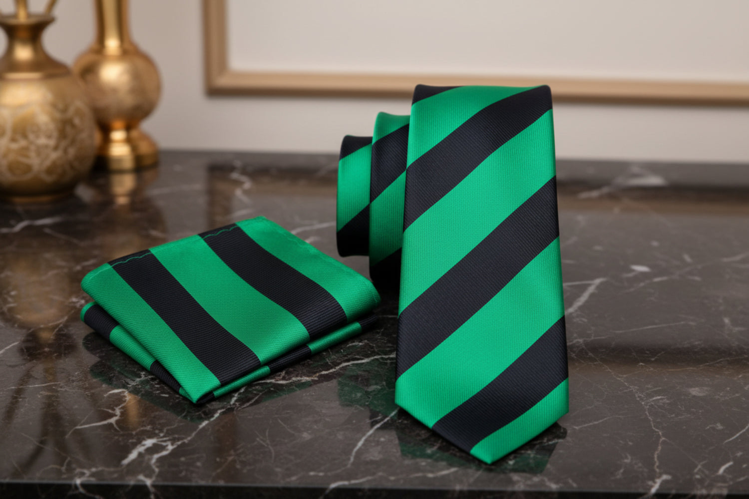 Alt: A Green, Black Stripe Pattern Necktie, Matching Pocket Square
