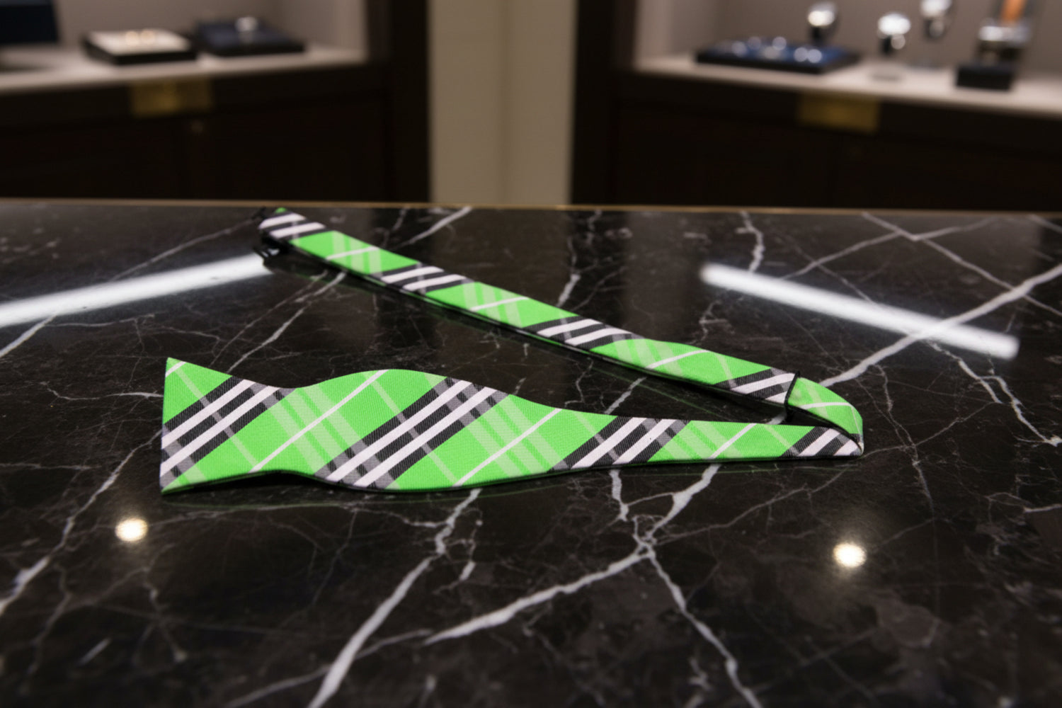 Green, Black, White Plaid Bow Tie Untied