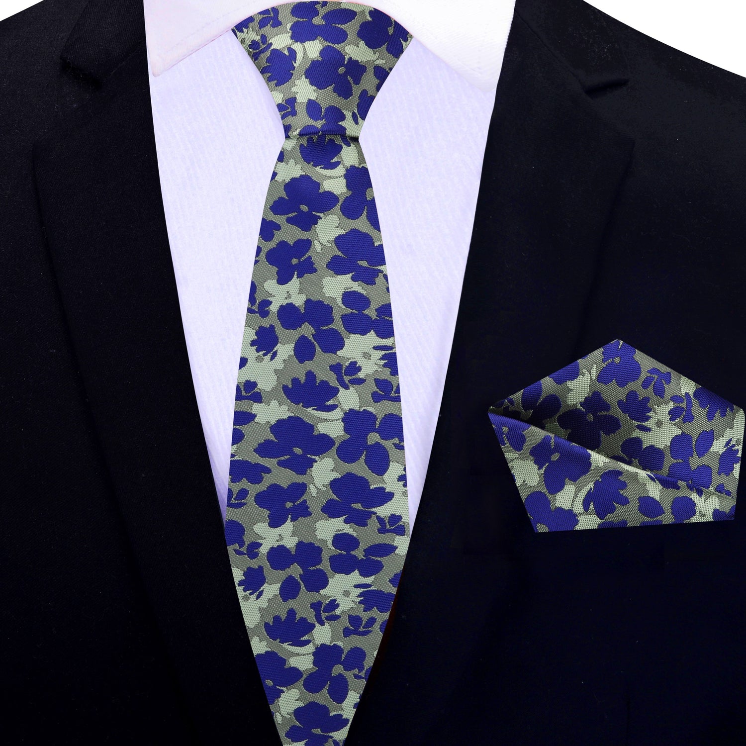 Thin Tie: Green ad Blue Sketched Flowers Tie and Pocket Square