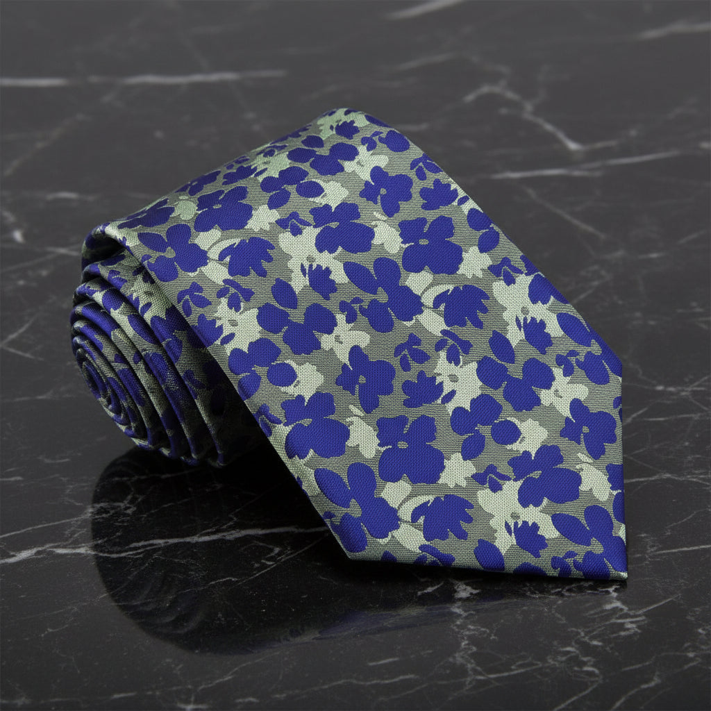 Green ad Blue Sketched Flowers Tie  
