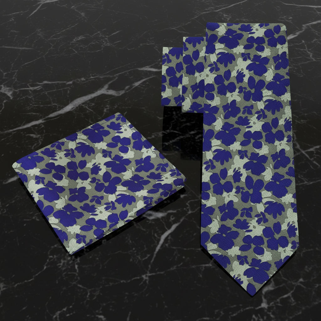 Alt View: Green ad Blue Sketched Flowers Tie and Pocket Square