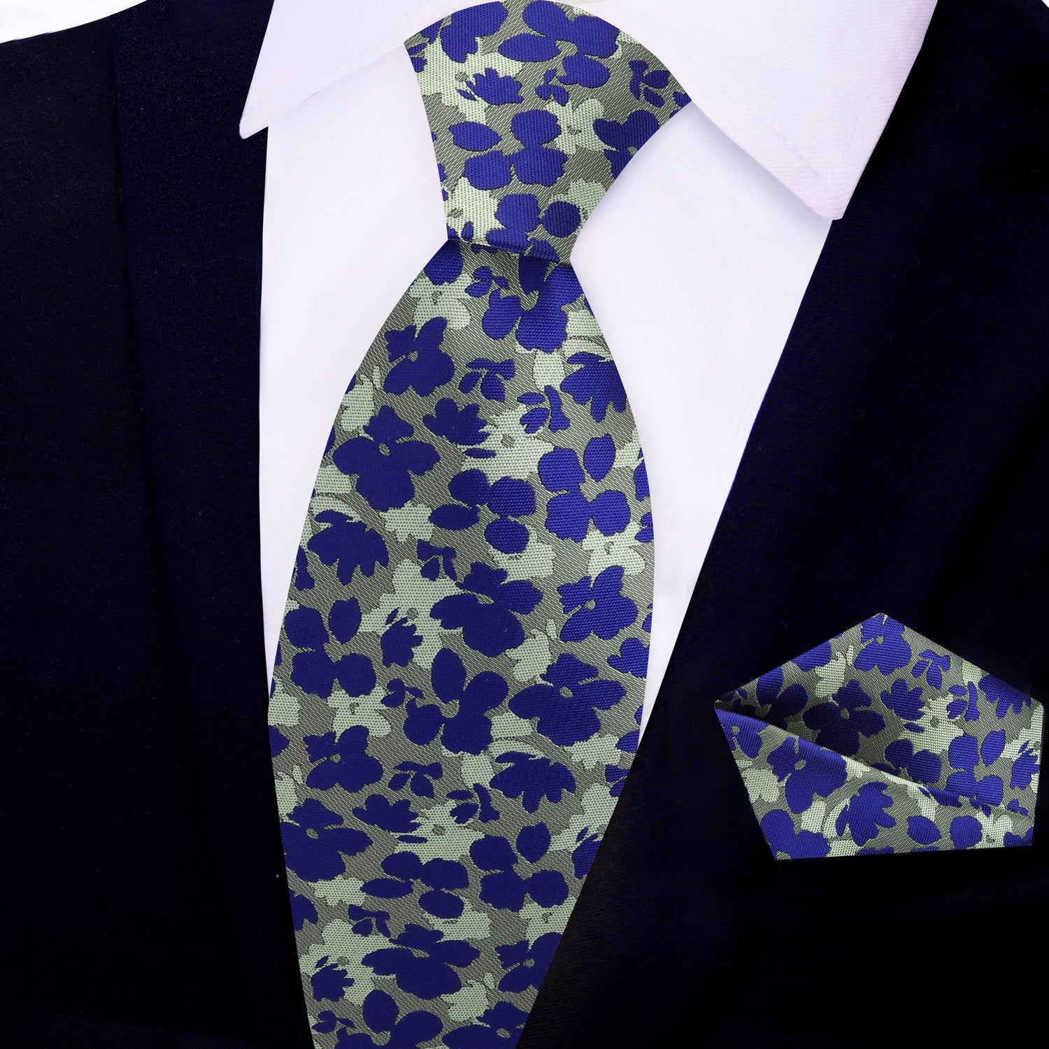 Modern Width: Green ad Blue Sketched Flowers Tie and Pocket Square