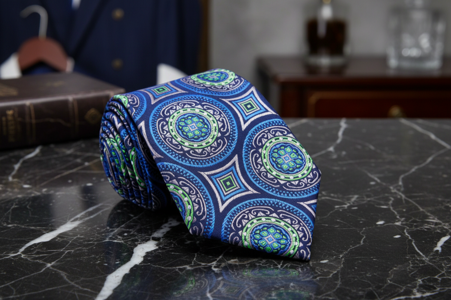 Blue, Green and Grey Abstract Tie  