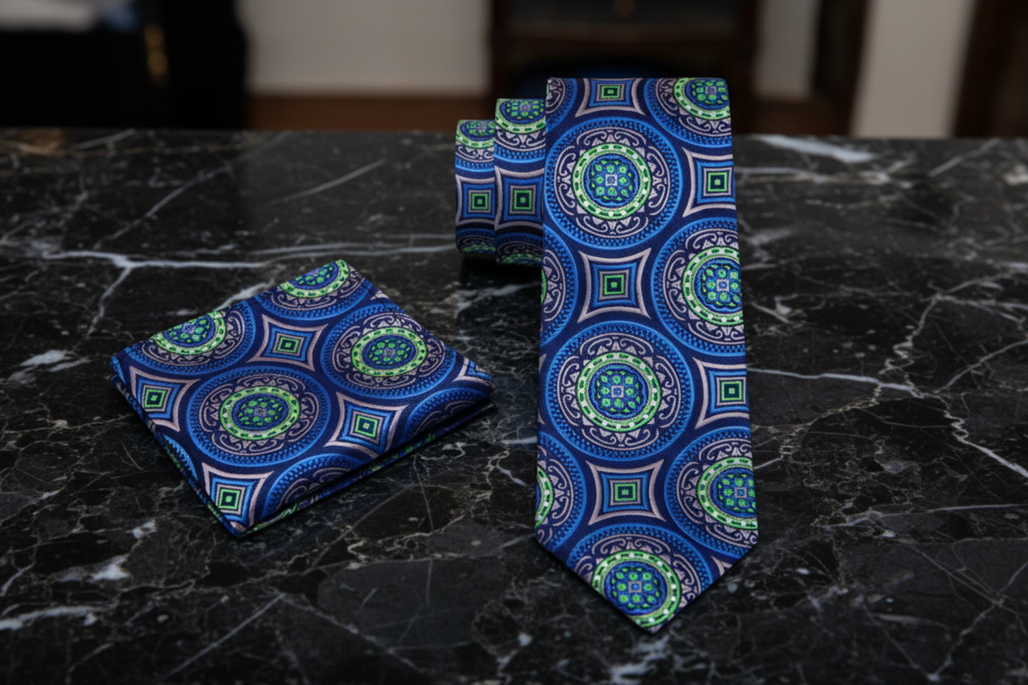 View 2: Blue, Green and Grey Abstract Tie and Square