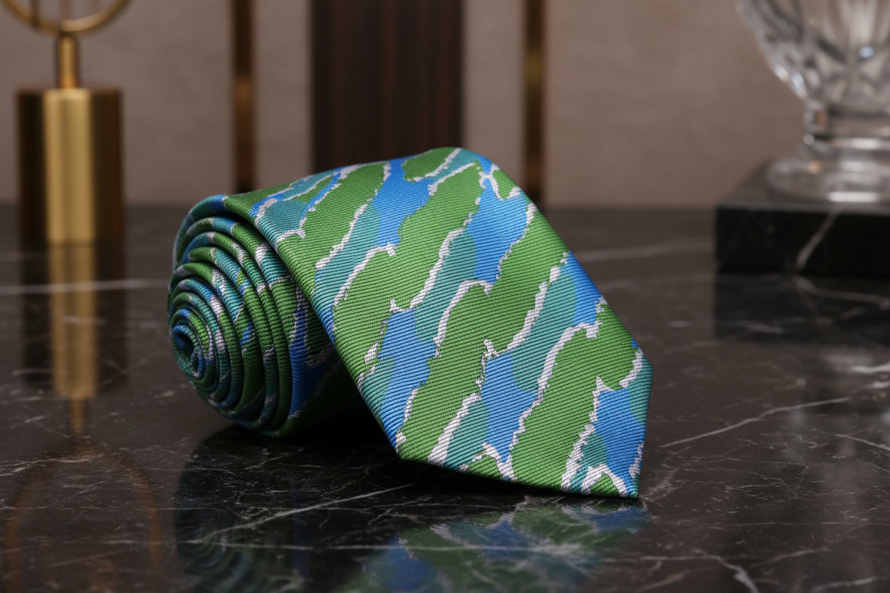 A green and blue tie