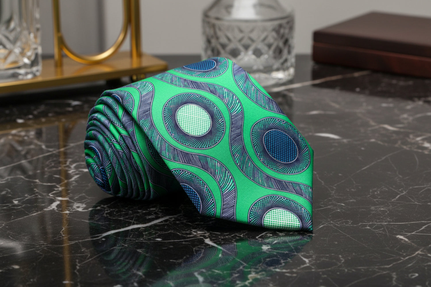 Green Blue Waves and Circles Tie Rolled Up