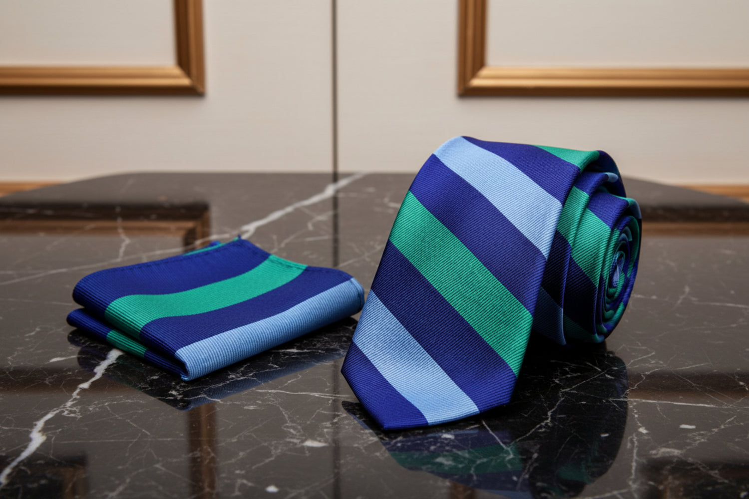Alt View: A Blue, Light Blue, Green Stripe Pattern Necktie, Matching Pocket Square