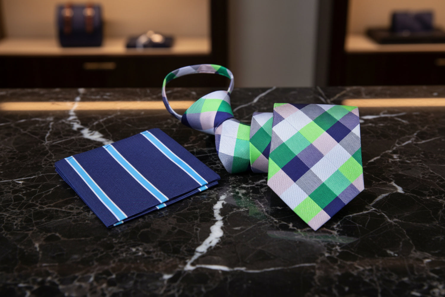 Zipper: Green and Blue Check Tie and Accenting Blue Stripe Pocket Square