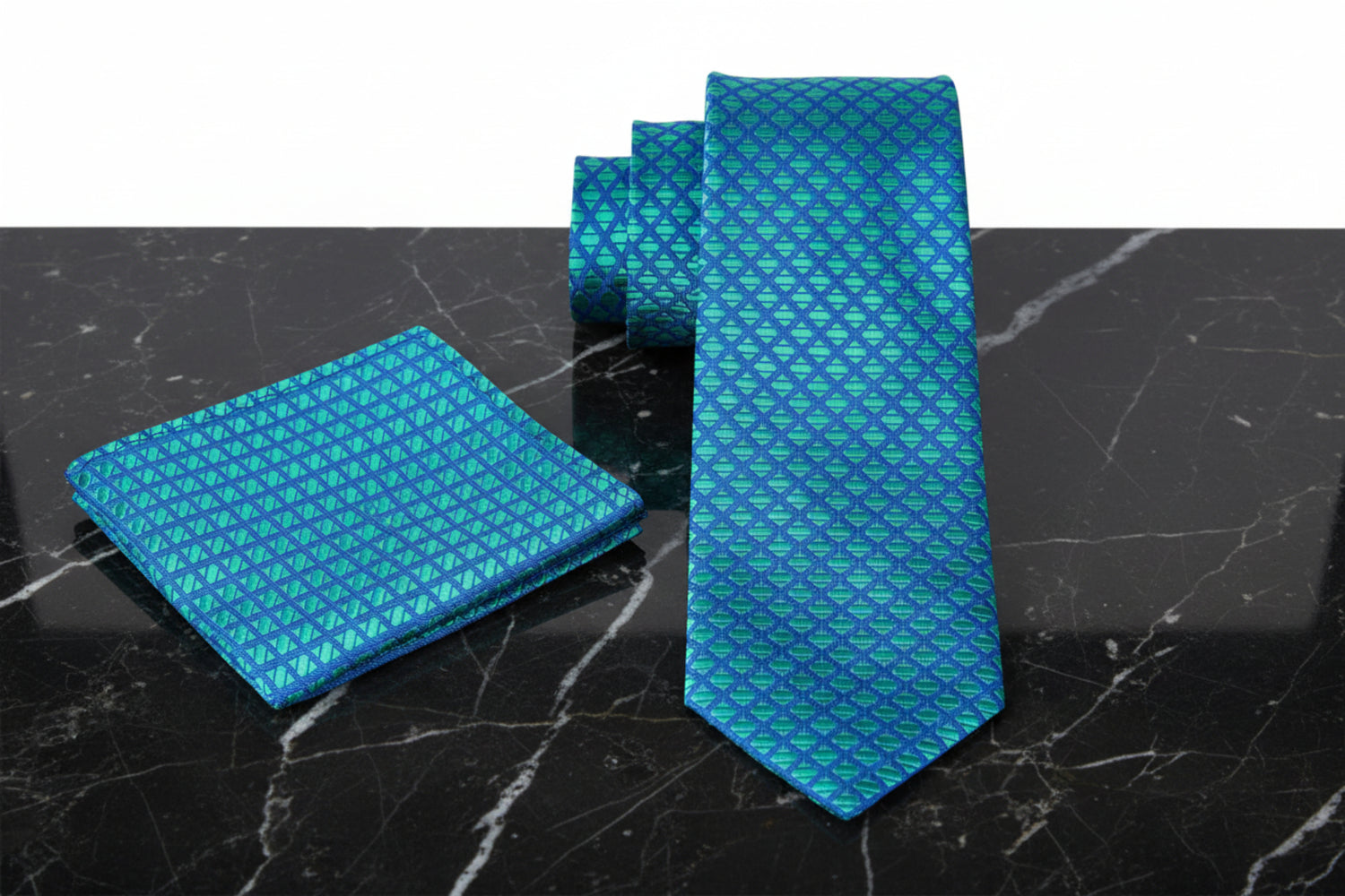 Alt View: A Teal, Blue Small Check Pattern Necktie, Matching Pocket Square