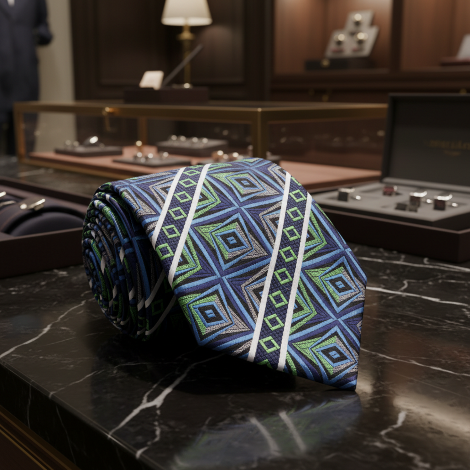 A Green, Grey, Blue Abstract Geometric Shapes And Squares Pattern Necktie 