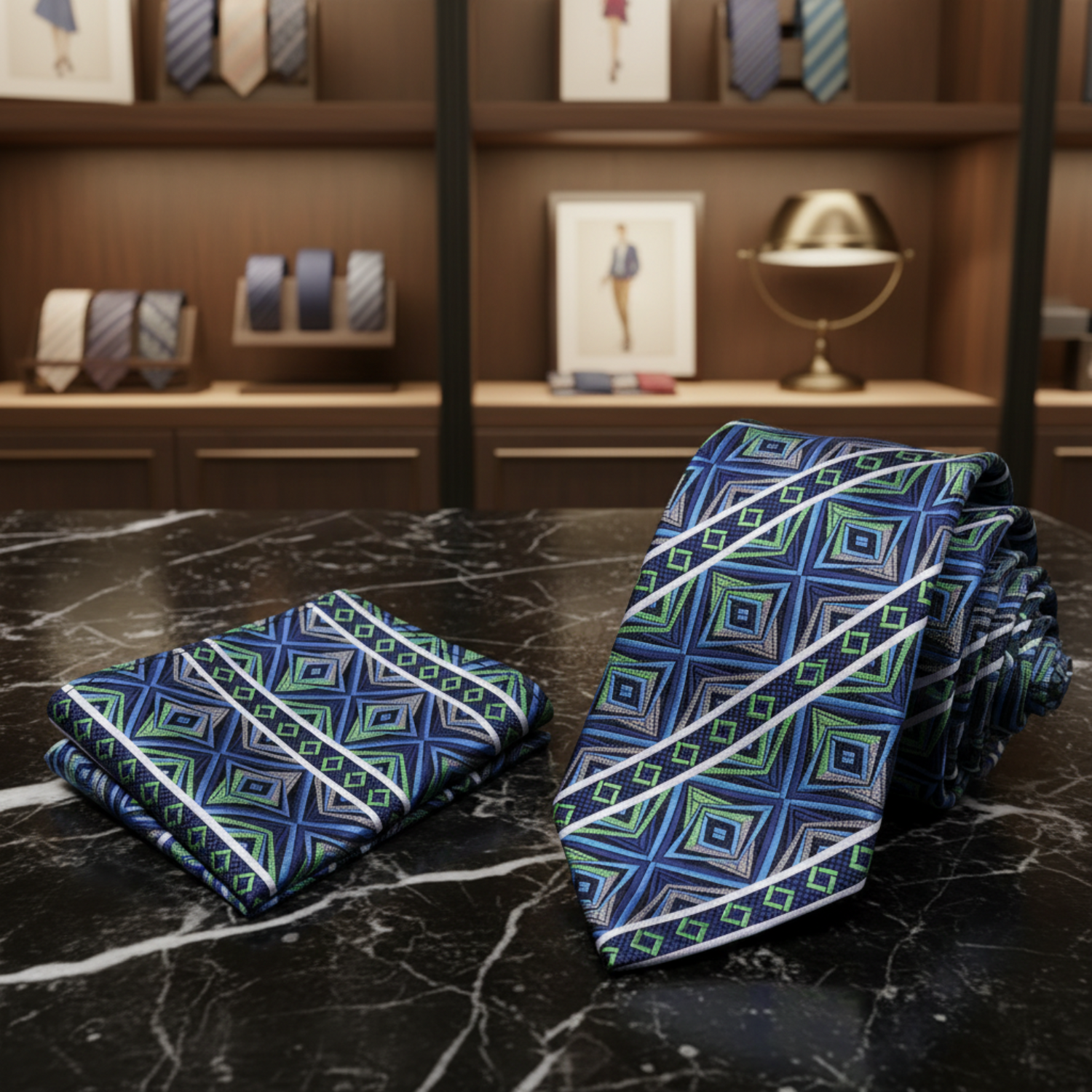 View 2: A Green, Grey, Blue Abstract Geometric Shapes And Squares Pattern Necktie, Matching Pocket Square