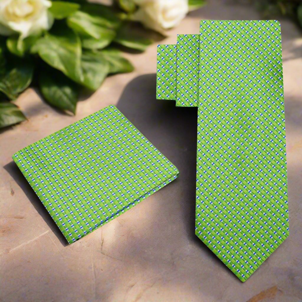 Alt View: Green and Blue Geometric Metallic Perfection Tie and Pocket Square