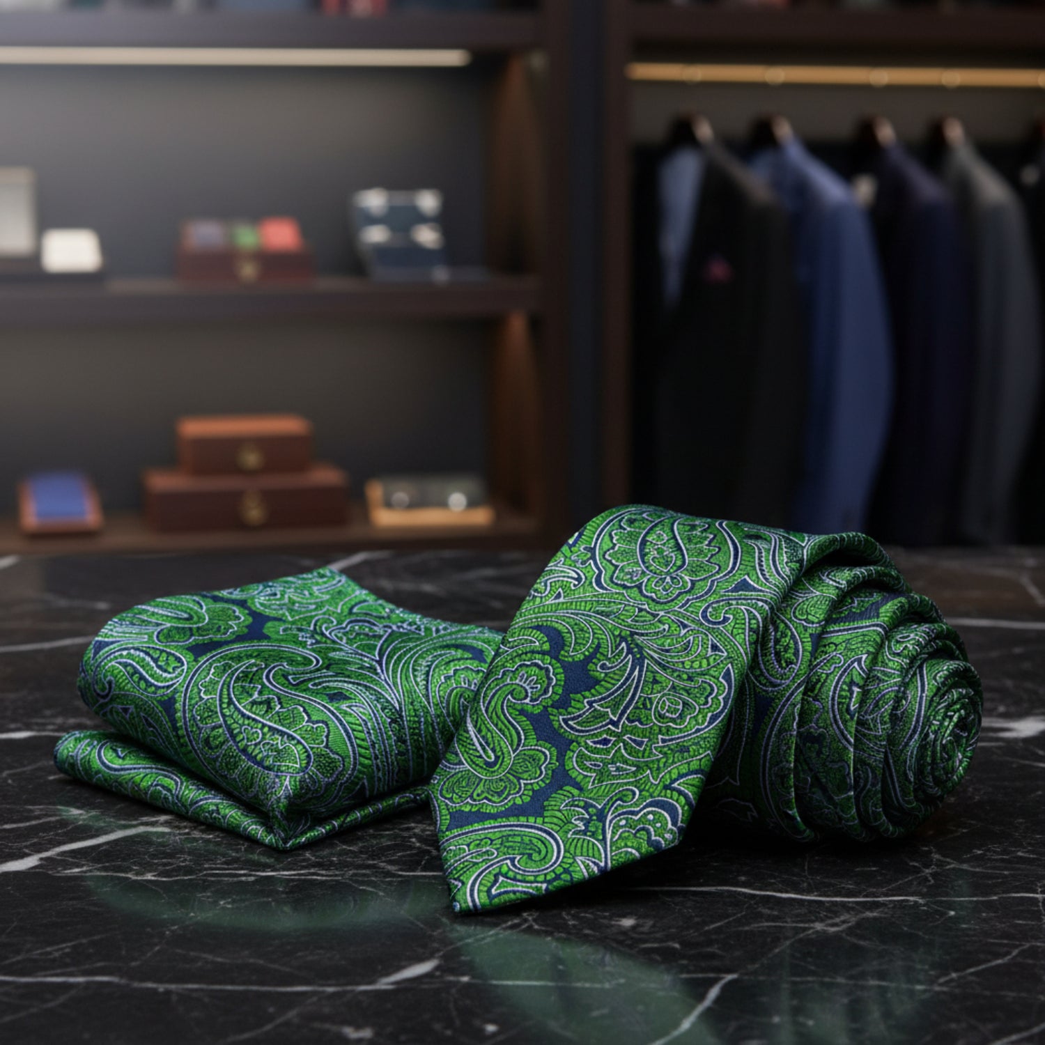 Green and Blue Paisley Tie and Square