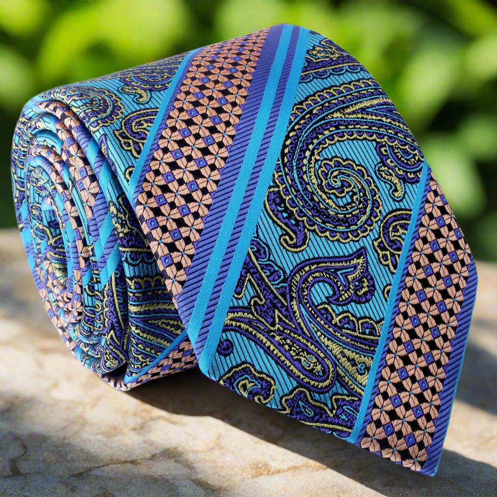 A Lime, Orange, Blue Paisley Pattern Silk Necktie 