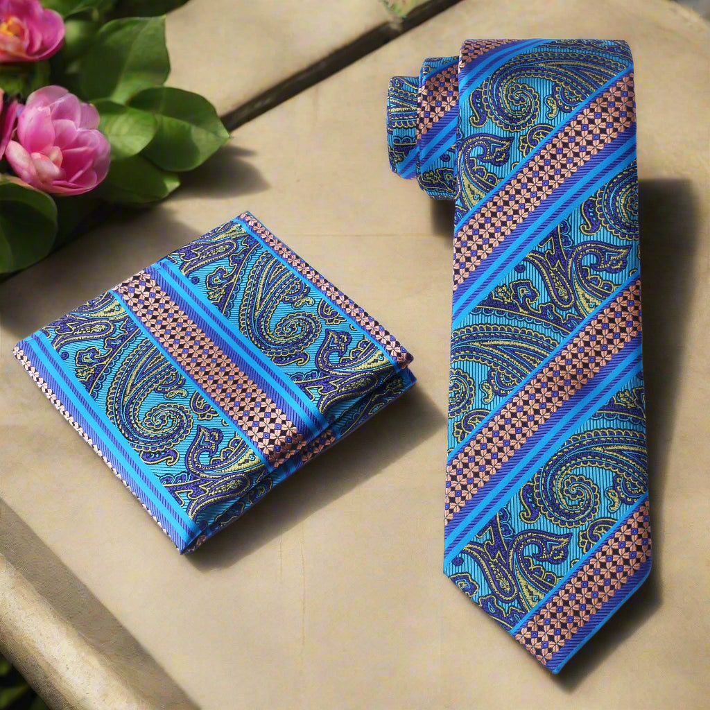 Alt View; A Lime, Orange, Blue Paisley Pattern Silk Necktie, Matching Pocket Square