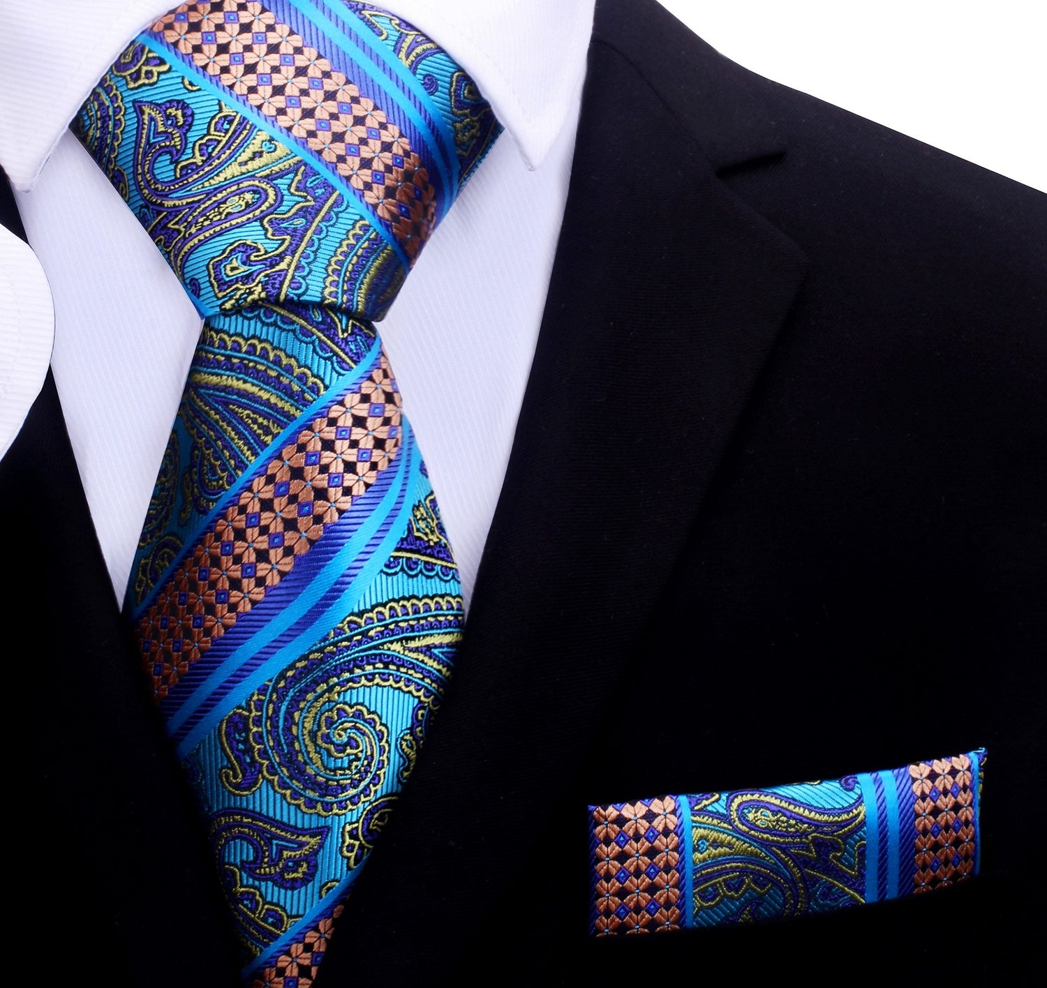 A Lime, Orange, Blue Paisley Pattern Silk Necktie, Matching Pocket Square