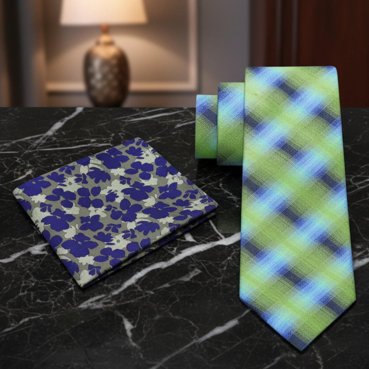 Alt View Green and Blue Plaid Tie with Green and Blue Floral Square