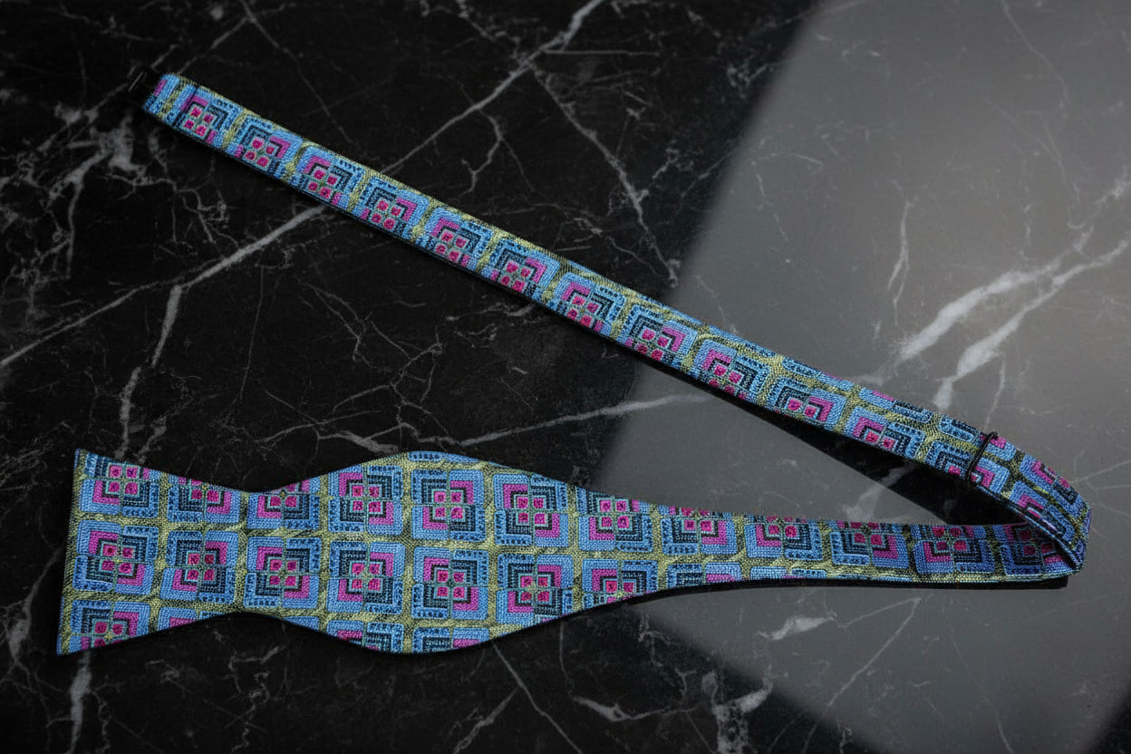 A Green, Blue, Pink Geometric Floral Pattern Self Tie Untied Bow Tie
